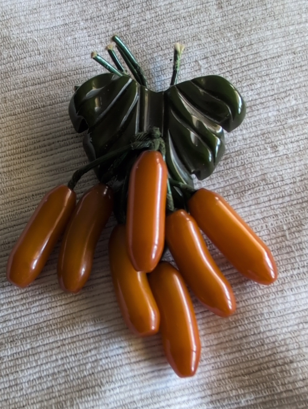 Vintage Bakelite Cluster Brooch with Olive Leaf and Amber Beads